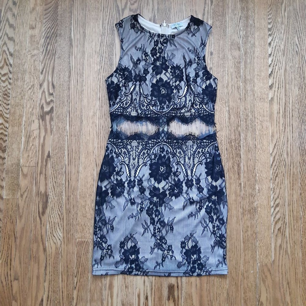 tan/black lace mini dress with see through waist